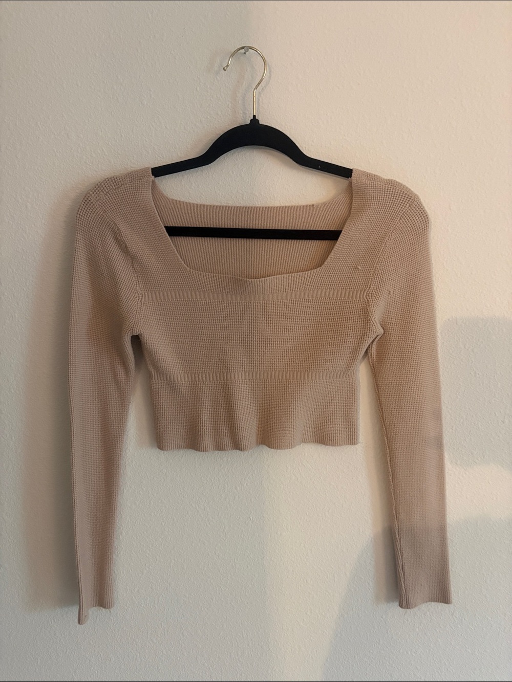 Beige Square-Neck Cropped Knit Top